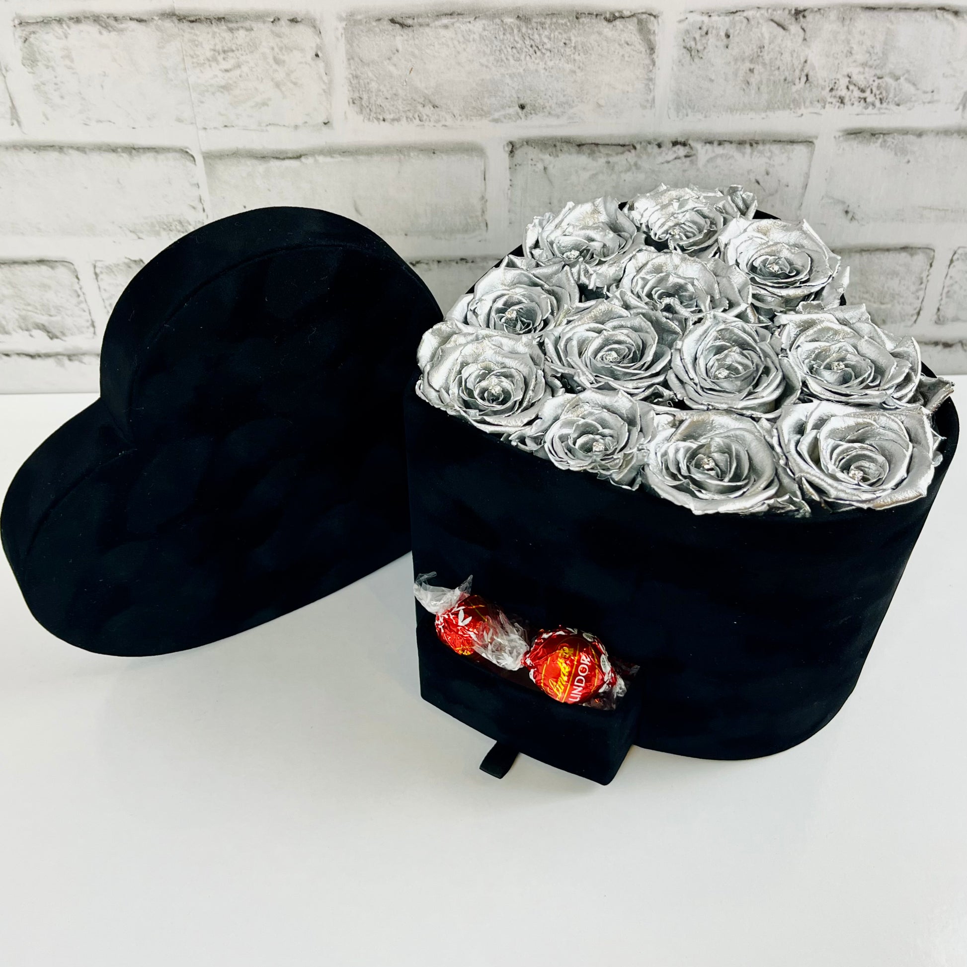 Black Velvet Heart Infinity Rose Box with Chocolates - Silver One Year Roses - Rose Colours divider-Silver Sensation
