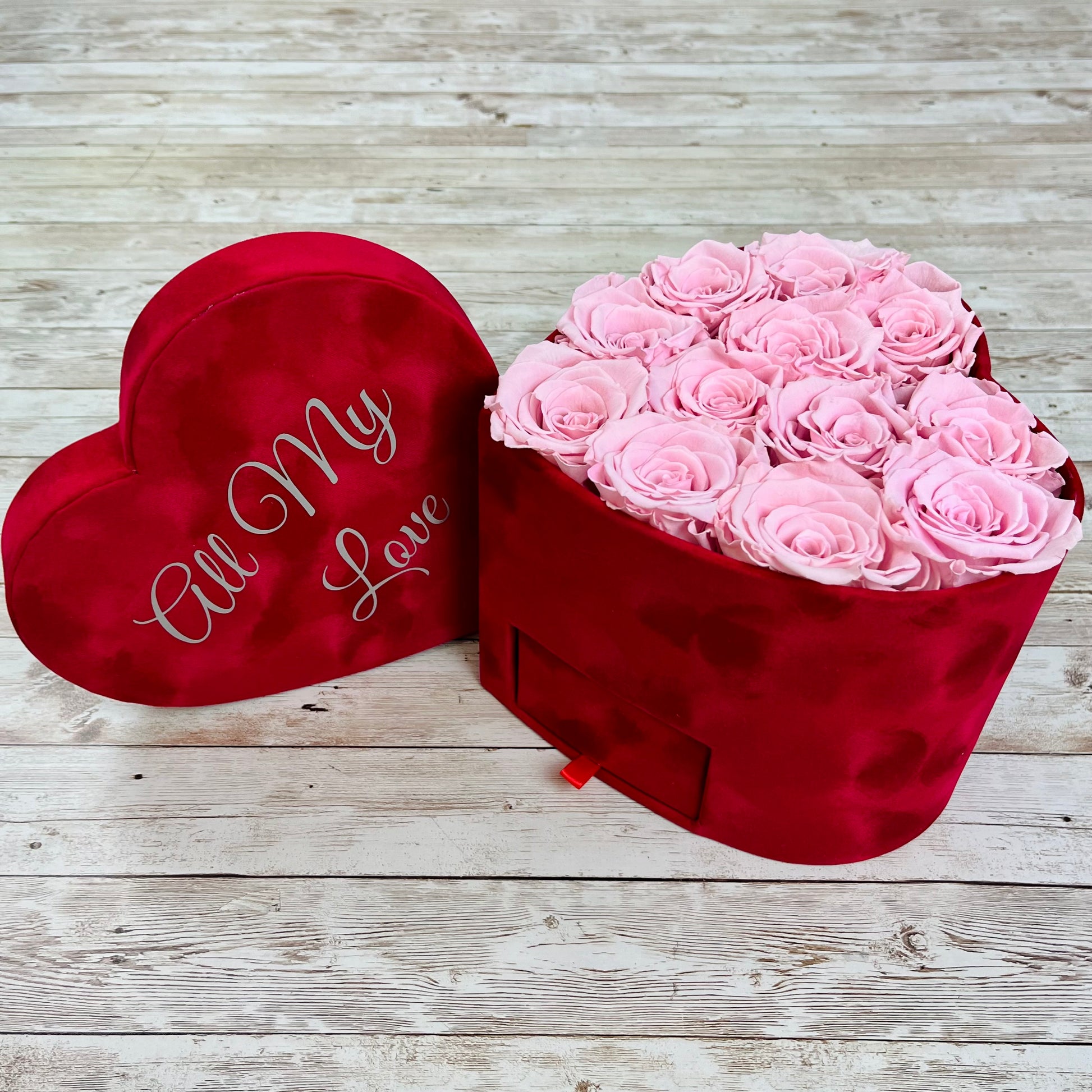 Red Velvet Heart Infinity Rose Box - Pink Eternal Roses - Personalised Rose Box