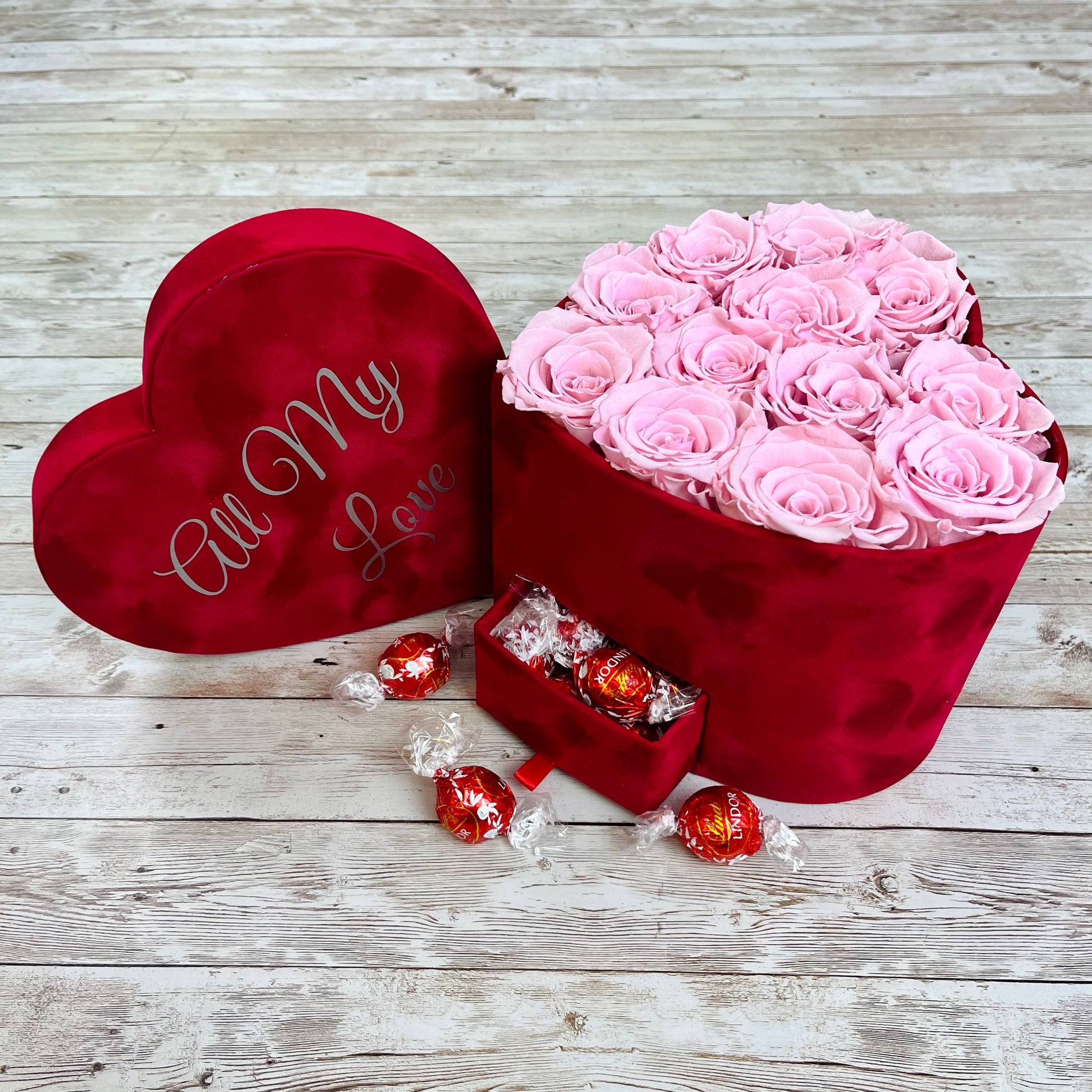 Red Velvet Heart Infinity Rose Box with chocolates - Pink One Year Roses