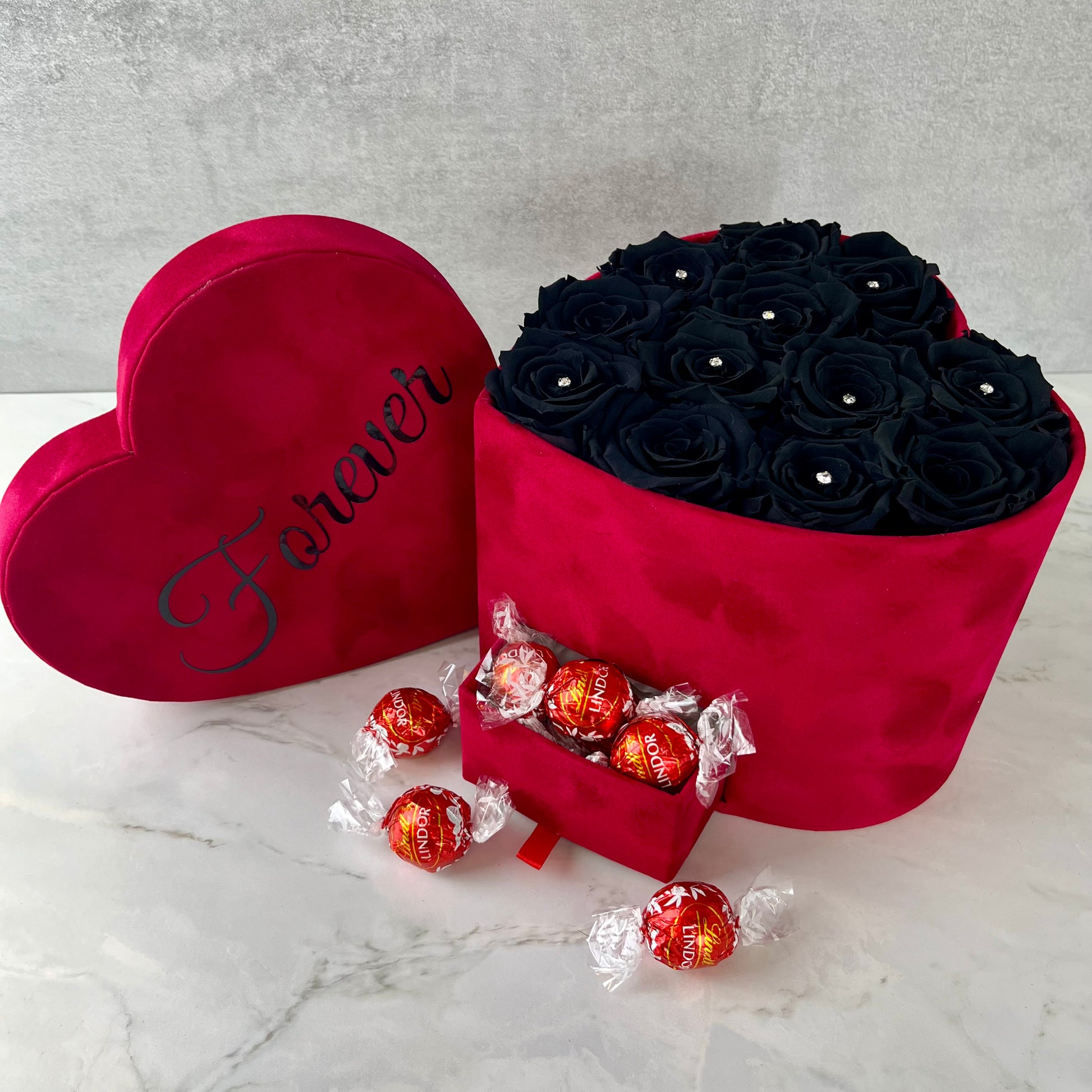 Red Velvet Heart Infinity Rose Box - Black Eternal Roses - Personalised Rose Box - Rose Colours divider-Ruby Red