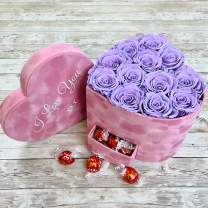 Pink Velvet Heart Infinity Rose Box with chocolates - Lavender Haze One Year Roses - Rose Colours divider-Lavender Haze
