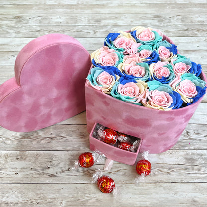 Pink Velvet Heart Infinity Rose Box with chocolates - Pastel Rainbow One Year Roses - Rose Colours divider-Pastel Rainbow