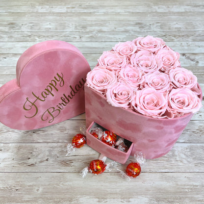 Pink Velvet Heart Infinity Rose Box with chocolates - Petal Pink One Year Roses - Rose Colours divider-Petal Pink