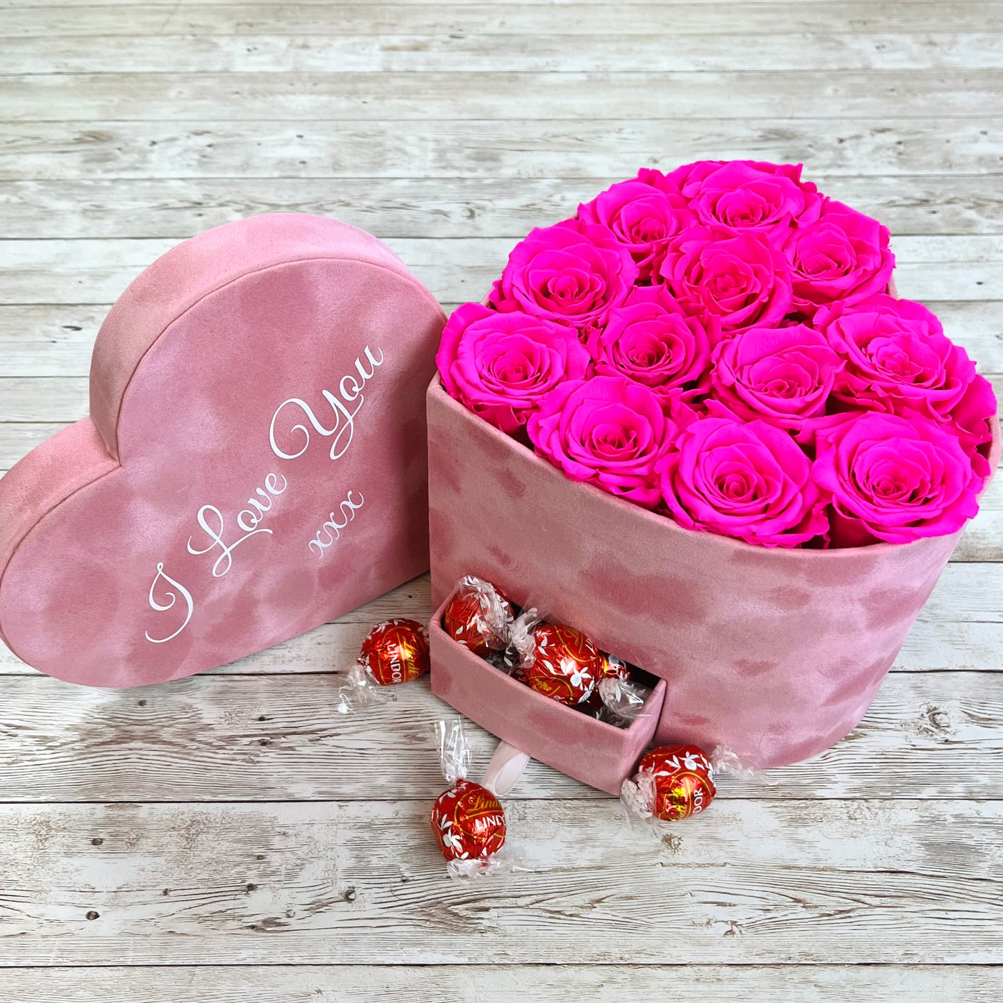 Pink Velvet Heart Infinity Rose Box with chocolates - Shocking Pink One Year Roses 