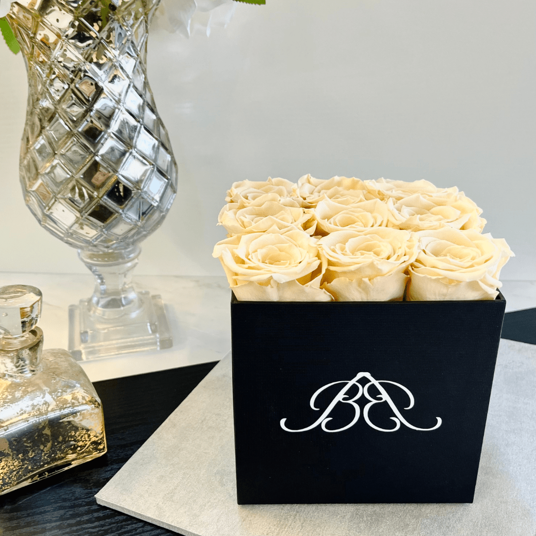 Square Black Infinity Rose Box | Champagne Eternal Roses | Bling Blooms
