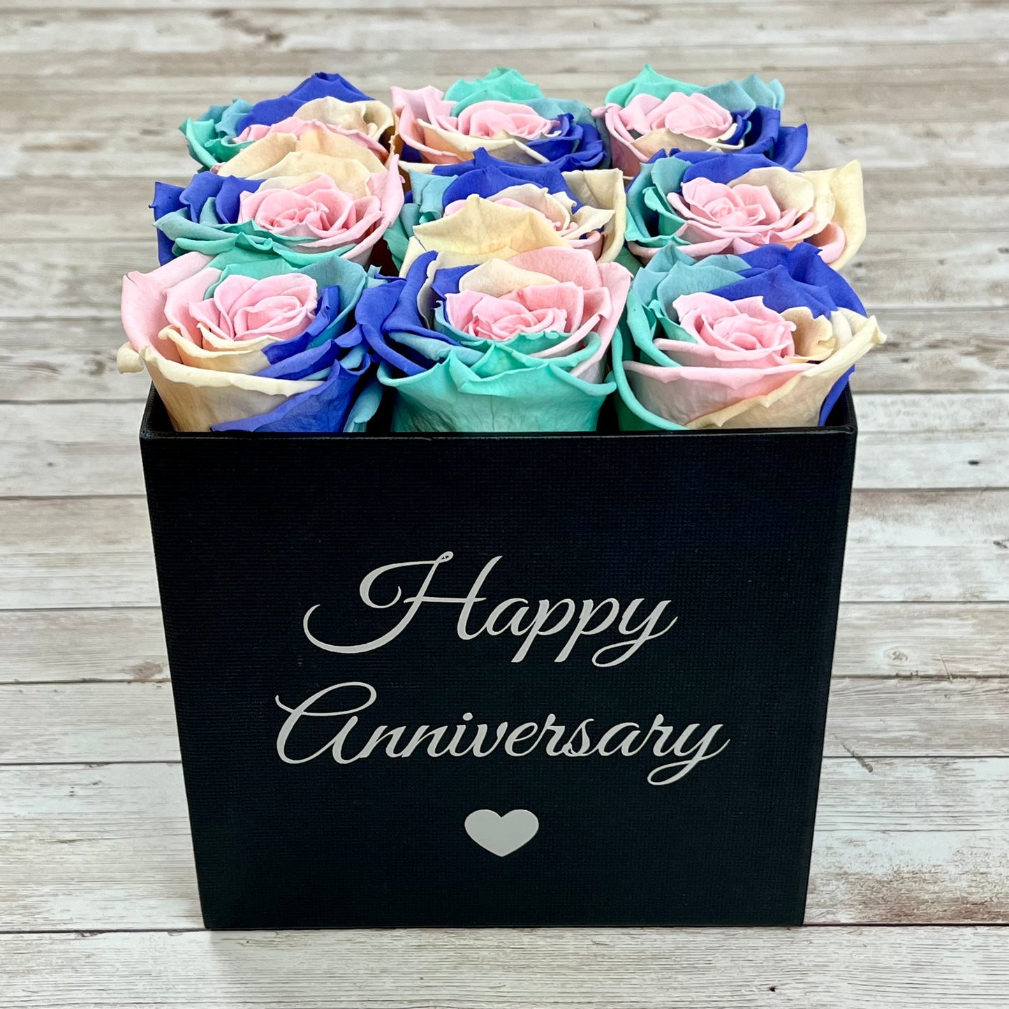 Black Square Infinity Rose Box - Infinity Roses - Pastel Rainbow One Year Roses - Rose Colours divider-Pastel Rainbow