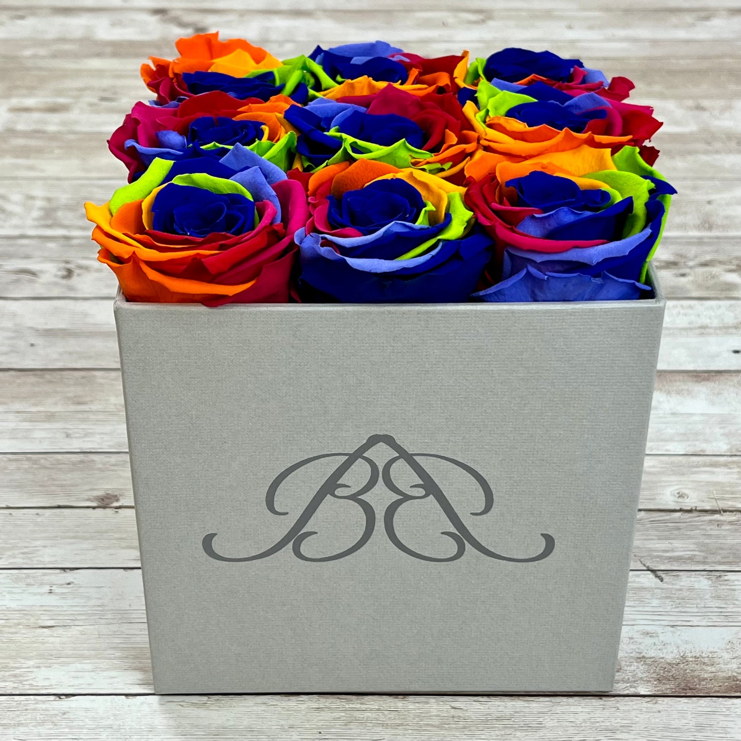 Grey square Infinity Rose Box - Infinity Roses - Rainbow One Year Roses - Square Box of Roses - Rose Colours divider-Carnival Rainbow