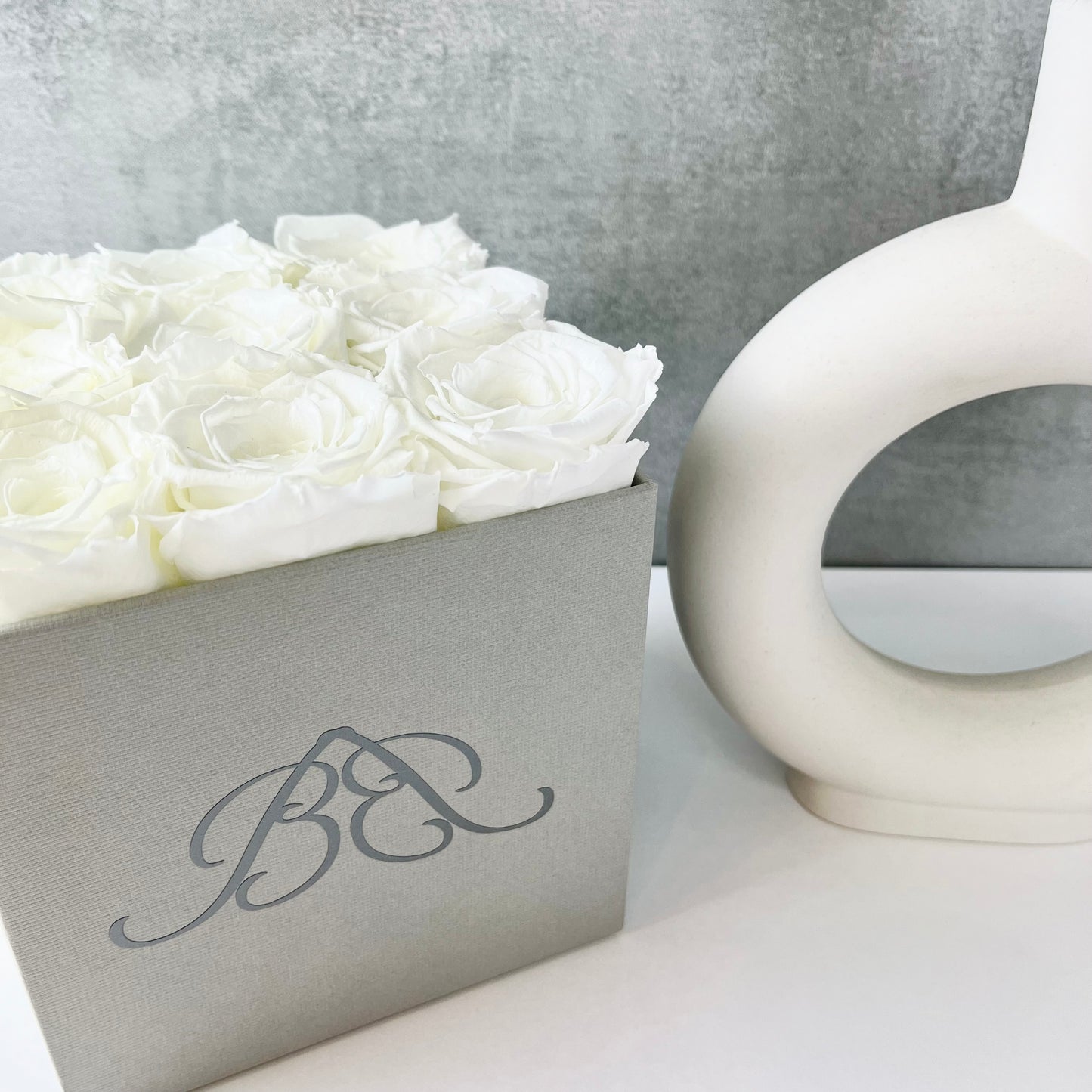 White Infinity Roses | Grey Square Box | One Year Roses | Bling Blooms