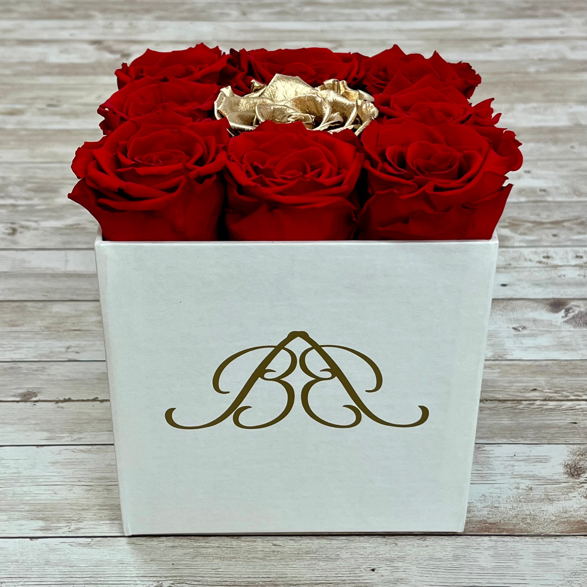 White Square Infinity Rose Box - Infinity Roses - Red & Gold One Year Roses - Rose Colours divider-Red with Gold centre