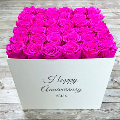 White Square Bloom Box - Infinity Roses - Neon Pink One Year Roses - Box of Roses - Rose Colours divider-Shocking Pink