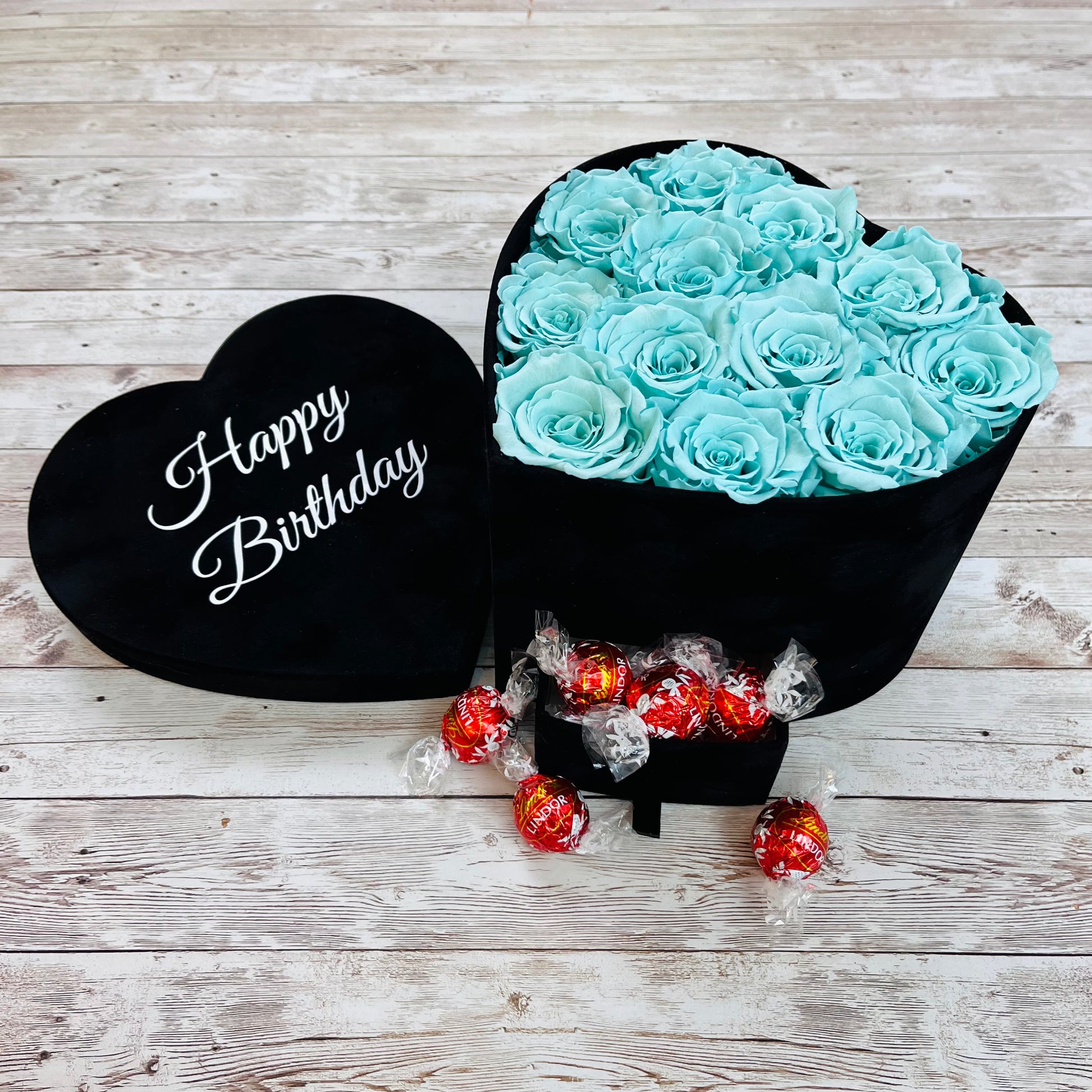 Black Velvet Heart Infinity Rose Box  with chocolates - Tiffany Blue Roses - Rose Colours divider-Tiffany Blue