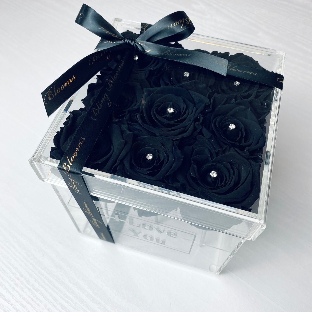 Infinity Rose Acrylic Box - Sofia - Clear Rose Box - Midnight Black Infinity Roses  - Rose Colours divider-Midnight Black