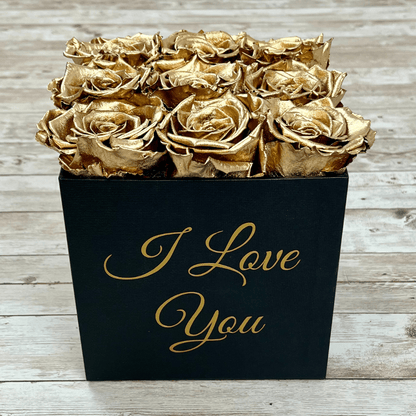 Black Square Infinity Rose Box - Infinity Roses - Gold One Year Roses - Box of Roses - Rose Colours divider-Glamorous Gold