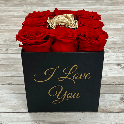 Black Square Infinity Rose Box - Infinity Roses - Red & Gold One Year Roses - Rose Colours divider-Red with Gold centre