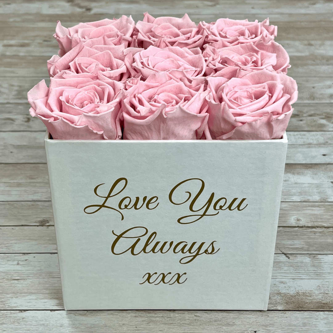 White Square Infinity Rose Box - Infinity Roses - Pink One Year Roses - Square Box of Roses - Rose Colours divider-Petal Pink
