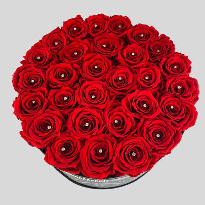 Infinity Roses - Enchanting XL Infinity Rose Box - Red One Year Roses - Silver Diamanté - Rose Colours divider-Ruby Red