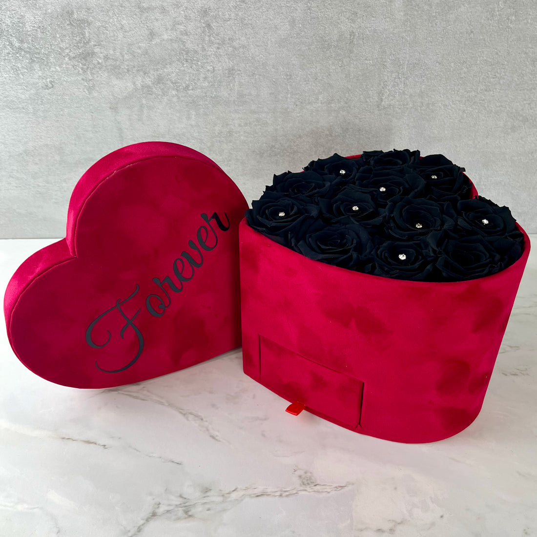 Black Infinity Roses | Red Velvet Heart Rose Box | Bling Blooms