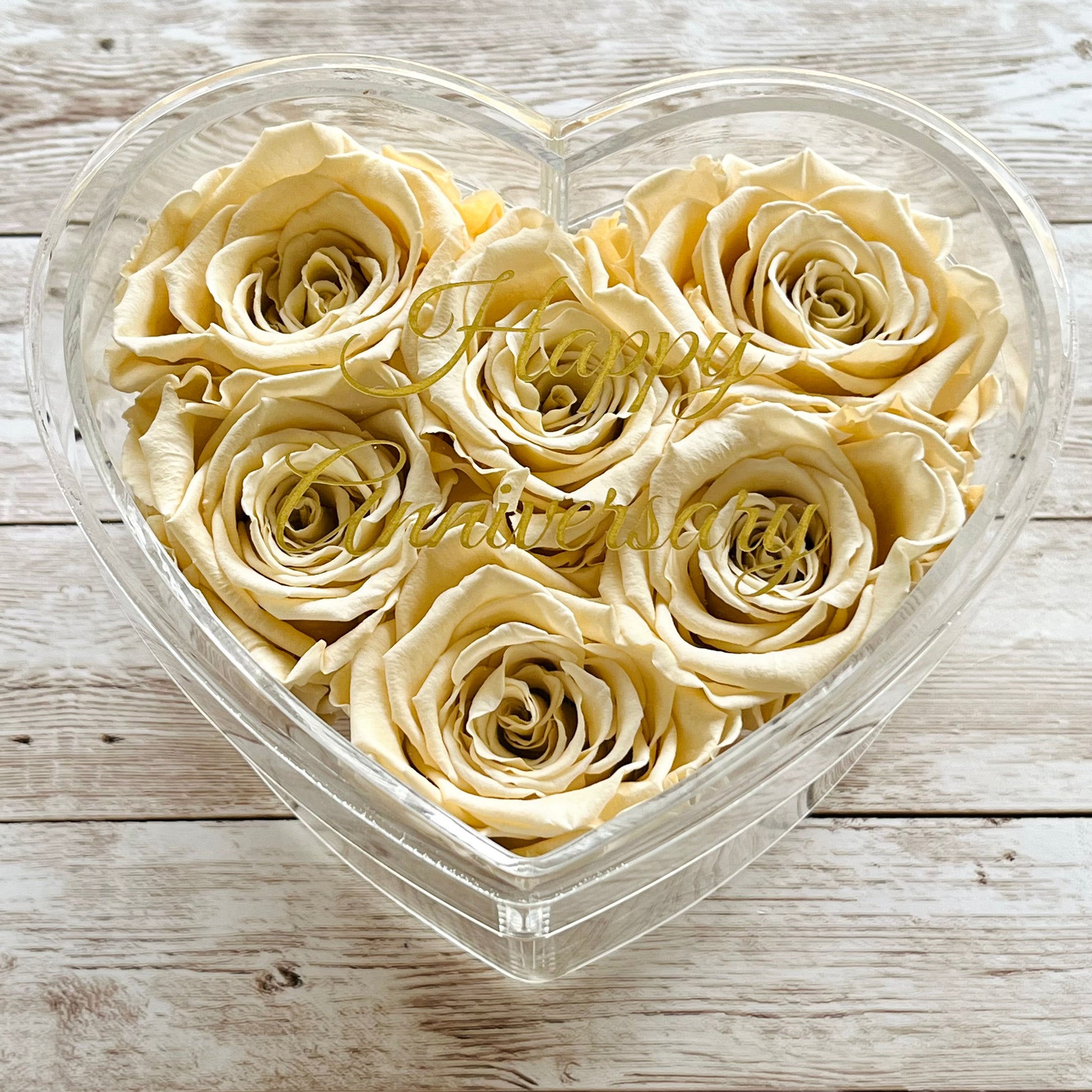 Infinity Rose Acrylic Heart Box - Champagne Infinity Roses - One Year Roses - Rose Colours divider-Vintage Champagne