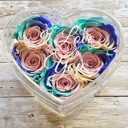 Infinity Rose Acrylic Heart Box - Pastel rainbow Infinity Roses - One Year Roses  - Rose Colours divider-Pastel Rainbow