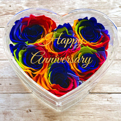 Infinity Rose Acrylic Heart Box - Valentina 6 - Rainbow Infinity Roses - One Year Roses - Rose Colours divider-Carnival Rainbow