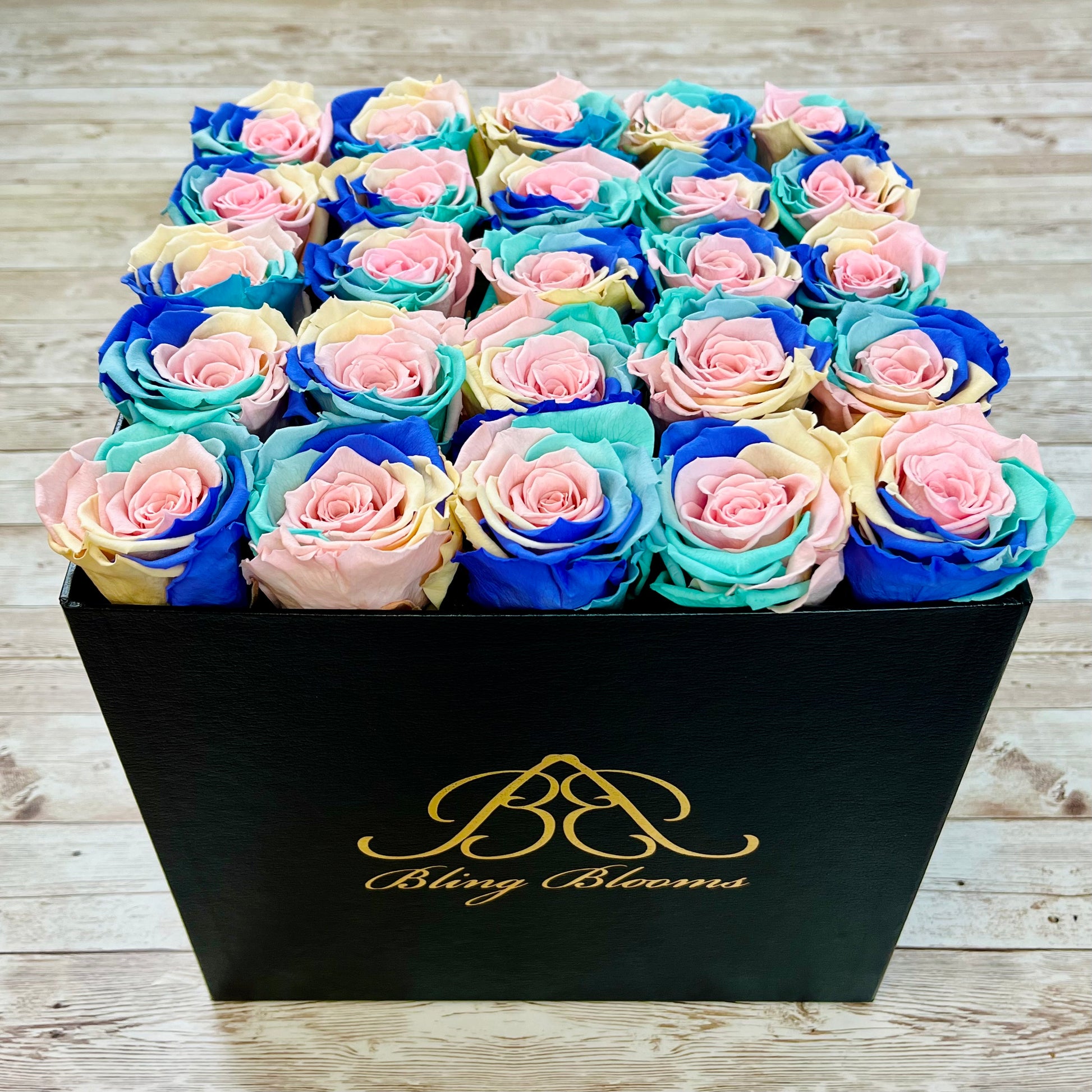Black Square Bloom Box -Rainbow Infinity Roses - One Year Roses - Rose Colours divider-Pastel Rainbow