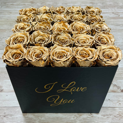 Black Square Bloom Box - Infinity Roses - Gold One Year Roses - Box of Roses - Rose Colours divider-Glamorous Gold