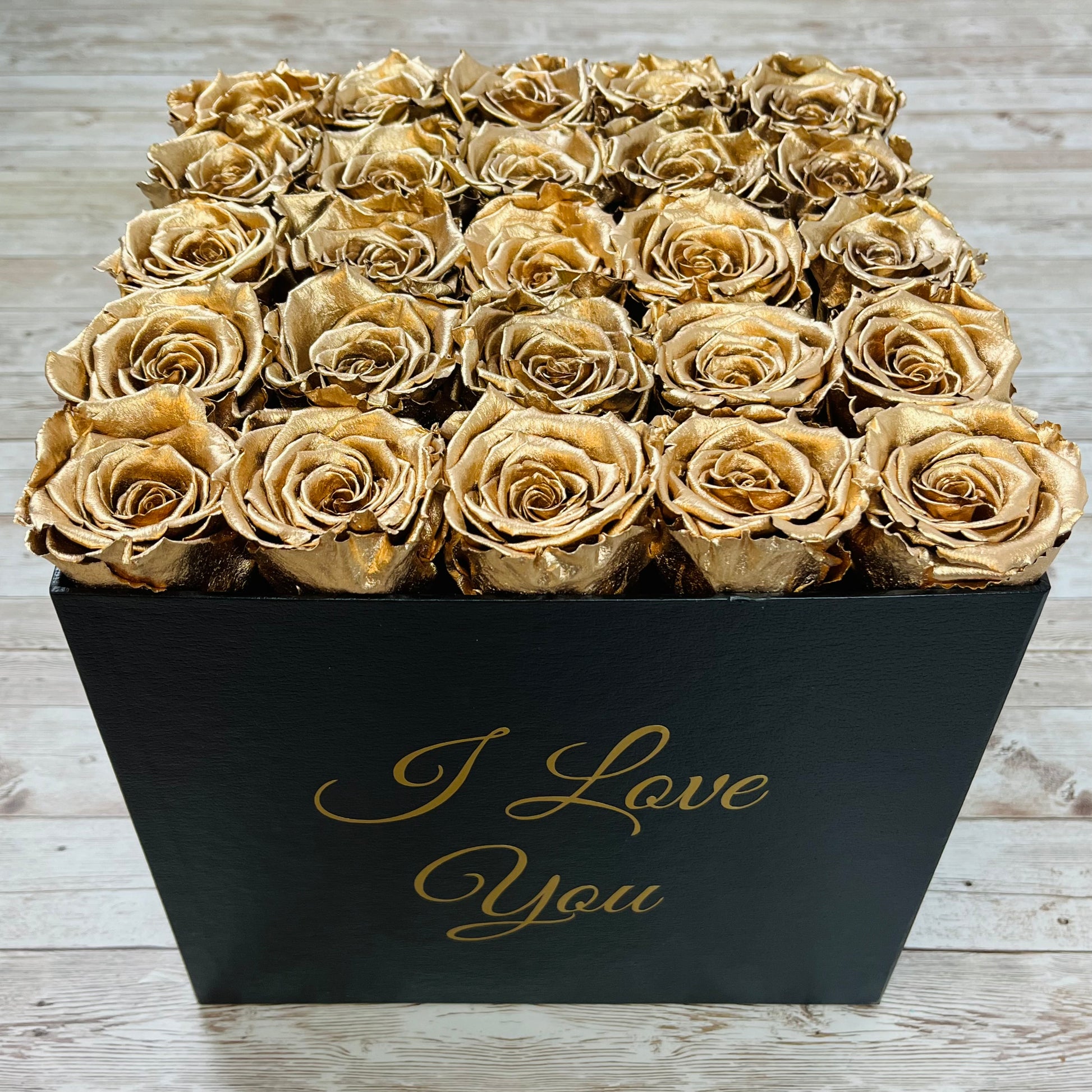 Black Square Bloom Box - Infinity Roses - Gold Forever Roses - Box of Eternal Roses - Rose Colours divider-Glamorous Gold