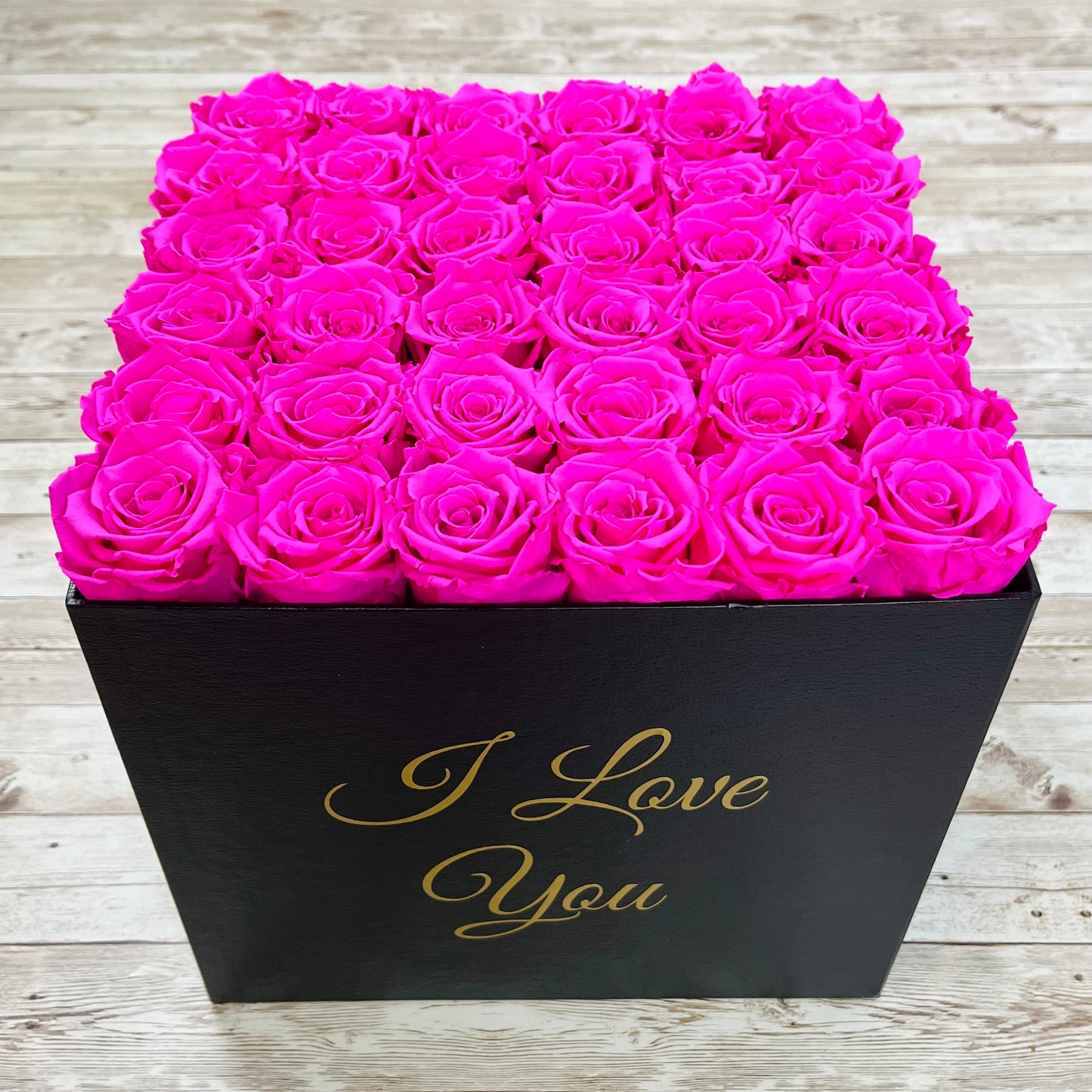 Black Square Bloom Box - Infinity Roses - Neon Pink One Year Roses - Box of Roses - Rose Colours divider-Shocking Pink