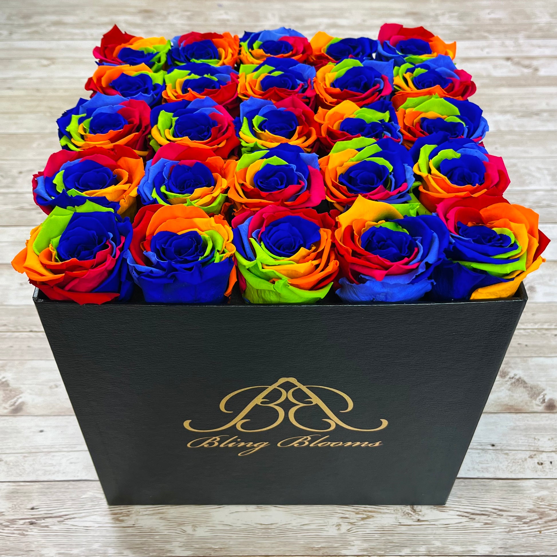 Black Square Bloom Box - Rainbow Infinity Roses - Forever Roses - Eternal Roses - Rose Colours divider-Carnival Rainbow