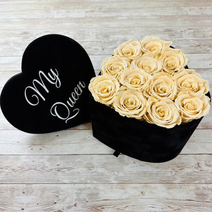 Black Velvet Heart Infinity Rose Box -Champagne Forever Roses - Eternal Roses - Rose Colours divider-Vintage Champagne