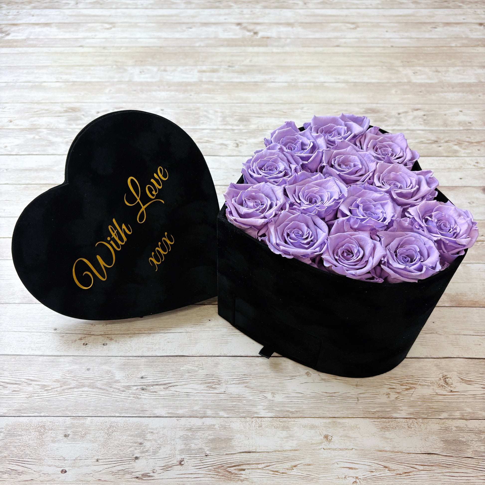Black Velvet Heart Infinity Rose Box - Lavender Forever Roses in a Box - Rose Colours divider-Lavender Haze