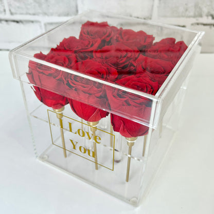 Infinity Rose Acrylic Box - Roses on Stems - Red Infinity Roses - Rose Colours divider-Ruby Red