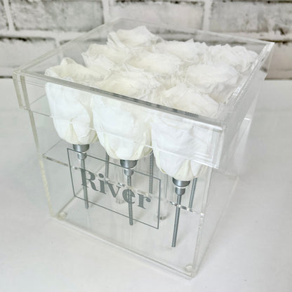 Infinity Rose Acrylic Box - Roses on Stems - White Infinity Roses - Rose Colours divider-Angelic White
