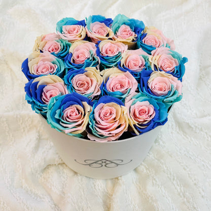 Large Round White Infinity Rose Box - Pastel rainbow one year roses