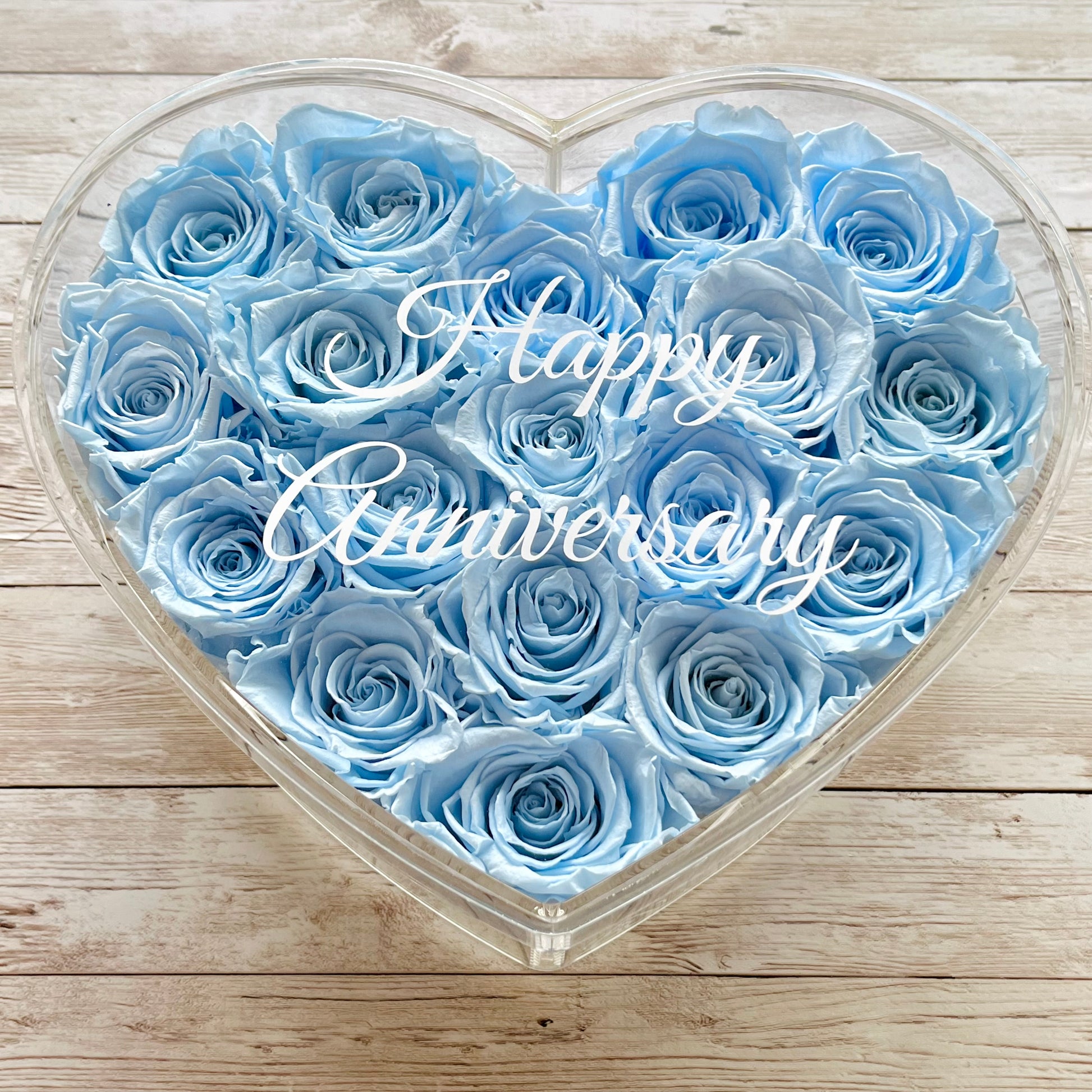 Infinity Rose Acrylic Heart Box - Valentina 18 - baby Blue Infinity Roses - One Year Roses - Rose Colours divider-Baby Blue