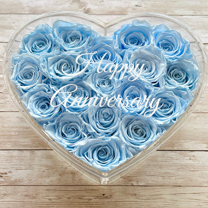 Infinity Rose Acrylic Heart Box - Valentina 18 - baby Blue Infinity Roses - One Year Roses - Rose Colours divider-Baby Blue