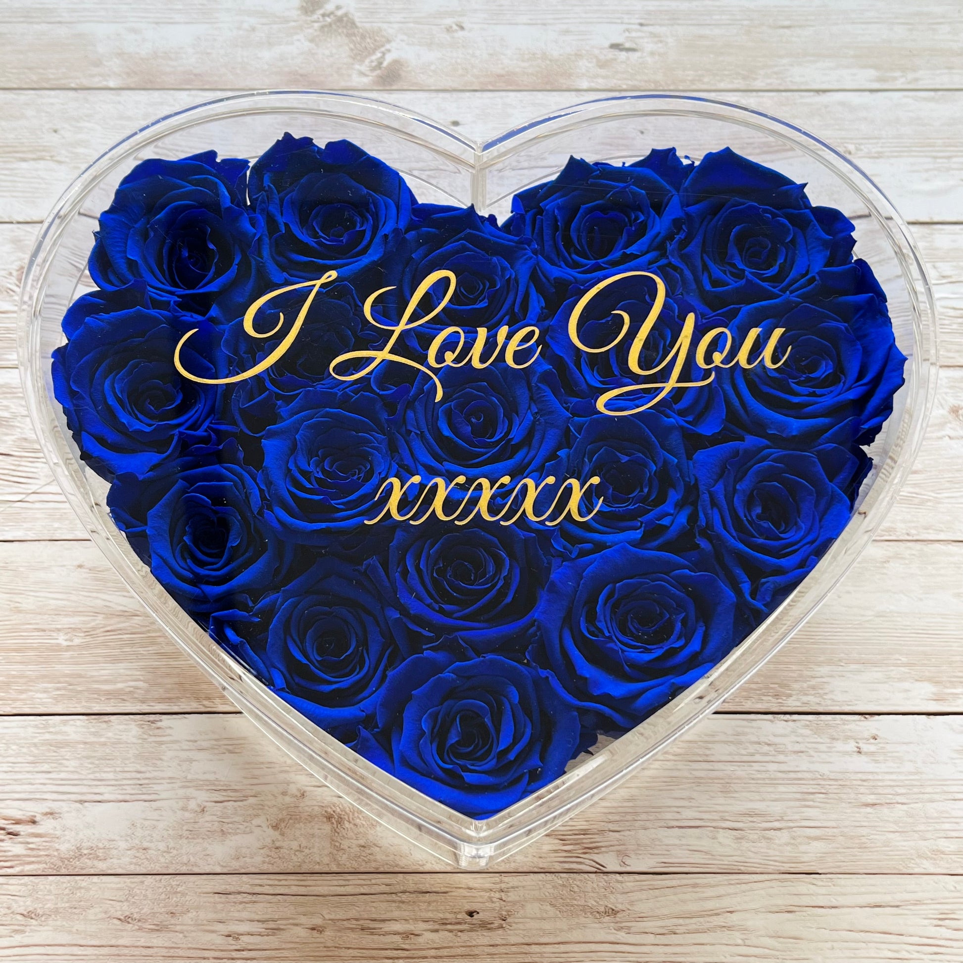 Infinity Rose Acrylic Heart Box - Valentina 18 - Sapphire Blue Infinity Roses - One Year Roses - Rose Colours divider-Sapphire Blue