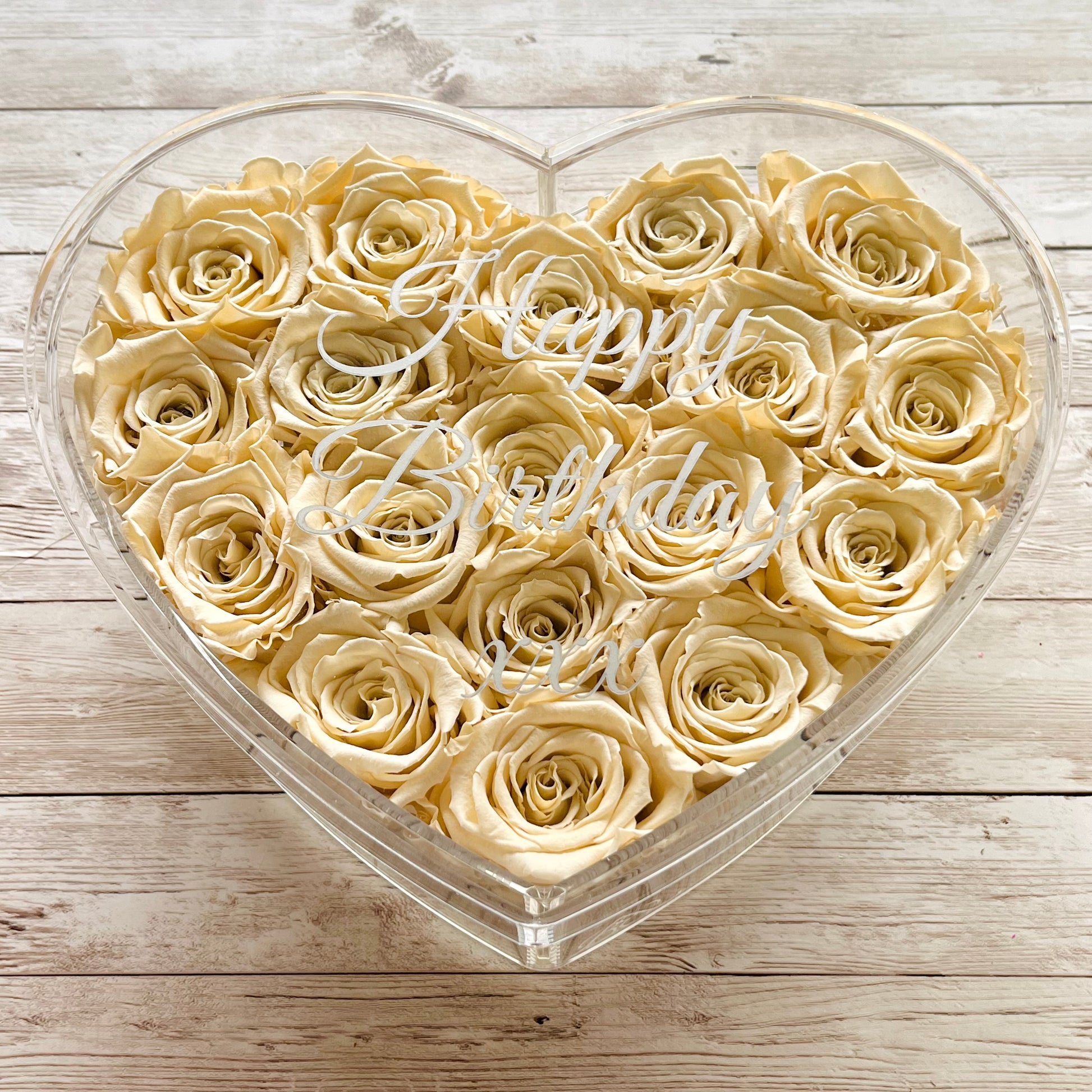 Infinity Rose Acrylic Heart Box - Valentina 18 - Champagne Infinity Roses - One Year Roses - Rose Colours divider-Vintage Champagne