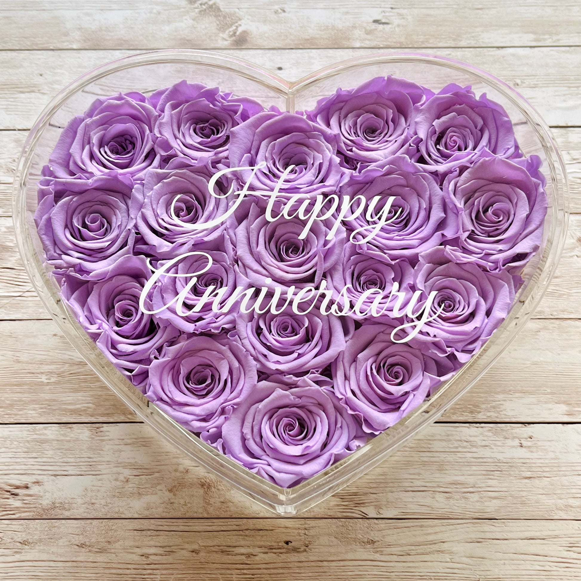 Infinity Rose Acrylic Heart Box - Valentina 18 - Lavender Infinity Roses - One Year Roses - Rose Colours divider-Lavender Haze