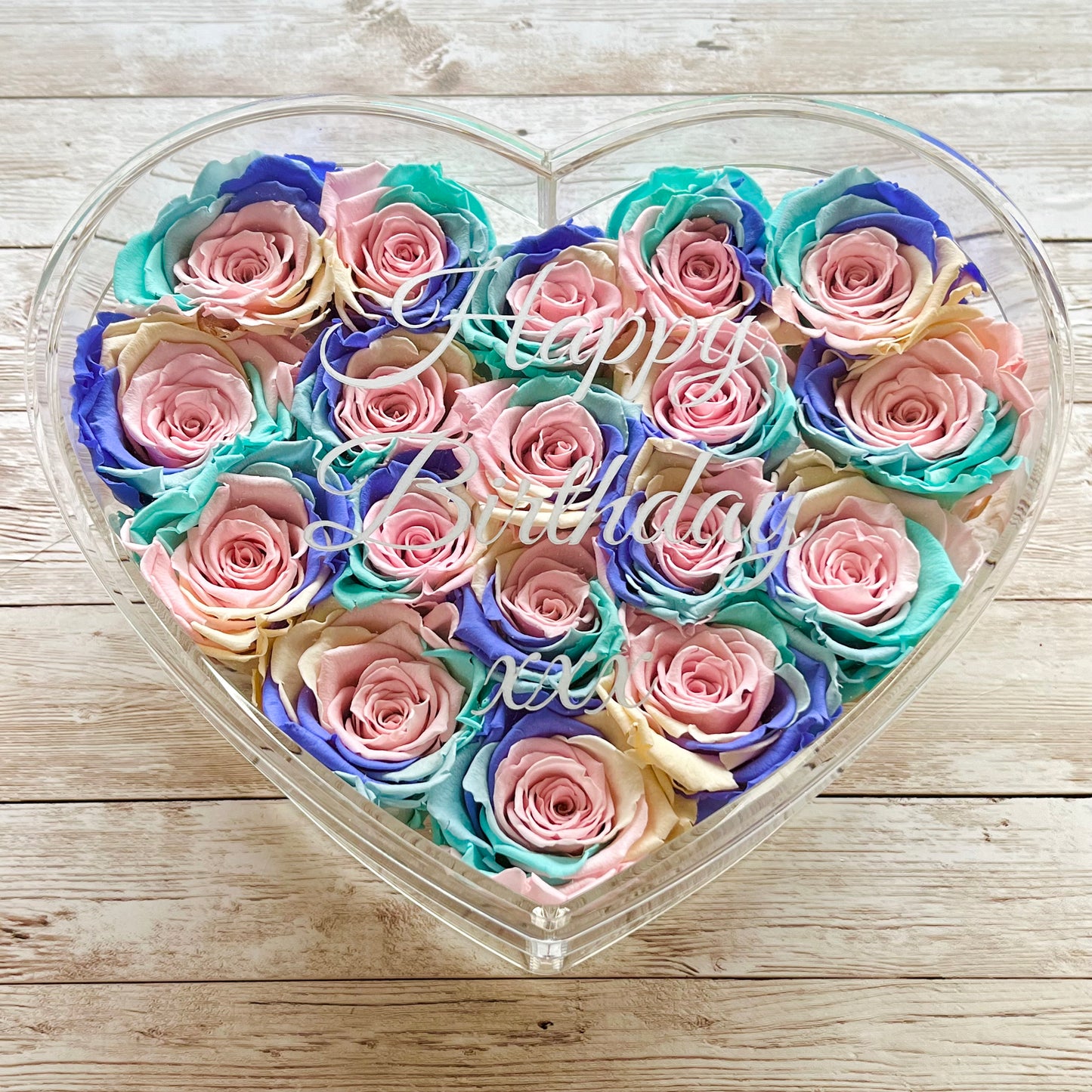Infinity Rose Acrylic Heart Box - Valentina 18 - Pastel Rainbow Infinity Roses - One Year Roses - Rose Colours divider-Pastel Rainbow