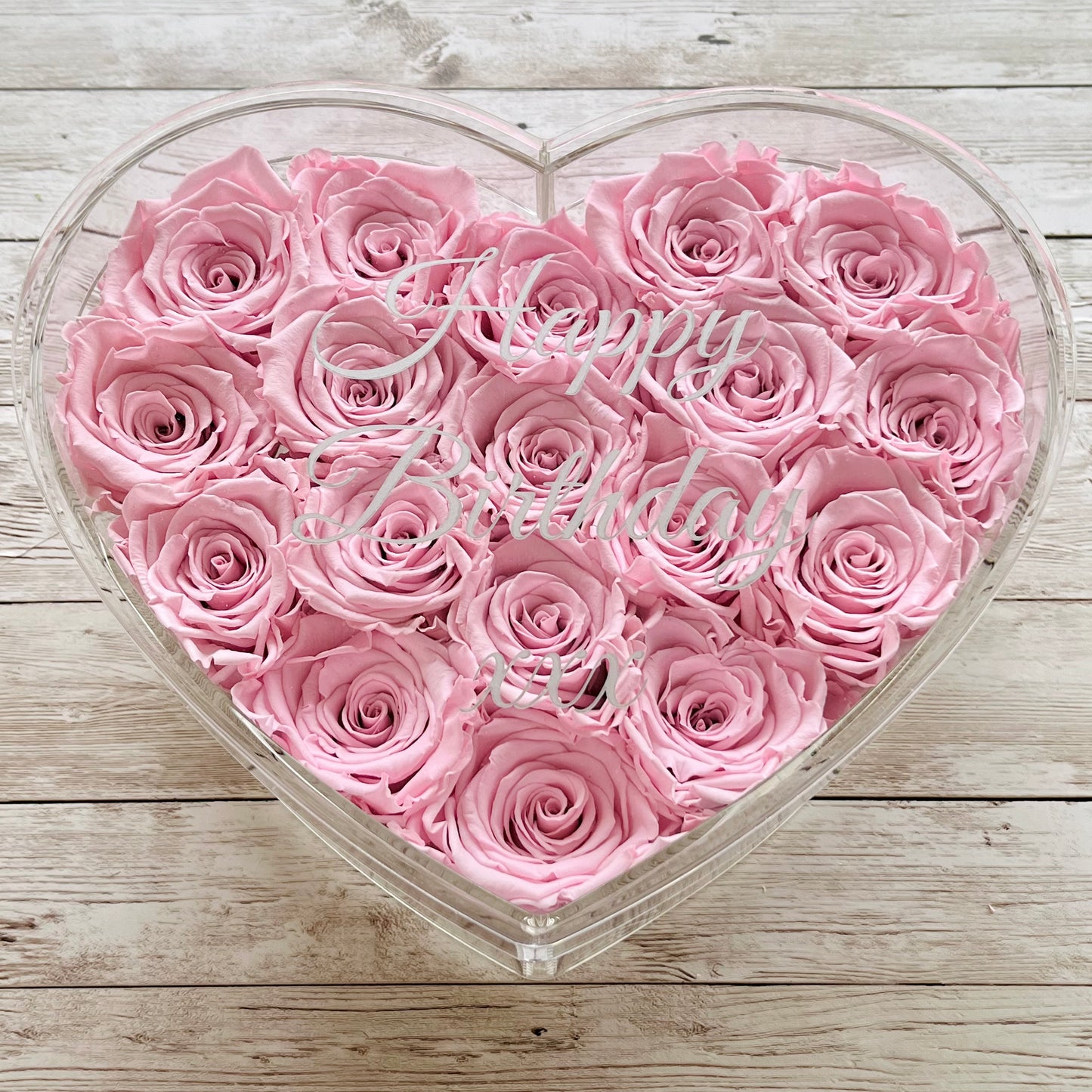 Infinity Rose Acrylic Heart Box - Valentina 18 - Pink Infinity Roses - One Year Roses - Rose Colours divider-Petal Pink