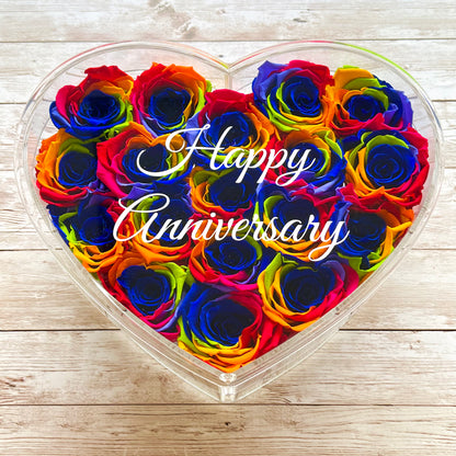 Infinity Rose Acrylic Heart Box - Valentina 18 - Rainbow Infinity Roses - One Year Roses - Rose Colours divider-Carnival Rainbow