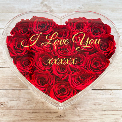 Infinity Rose Acrylic Heart Box - Valentina 18 - 18 Red Infinity Roses - One Year Roses - Rose Colours divider-Ruby Red