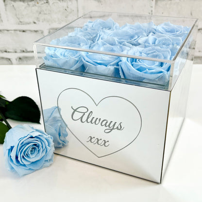 Infinity Rose Mirrored Box - One Year Roses - Personalised Rose Box - Blue Infinity Roses  - Rose Colours divider-Baby Blue