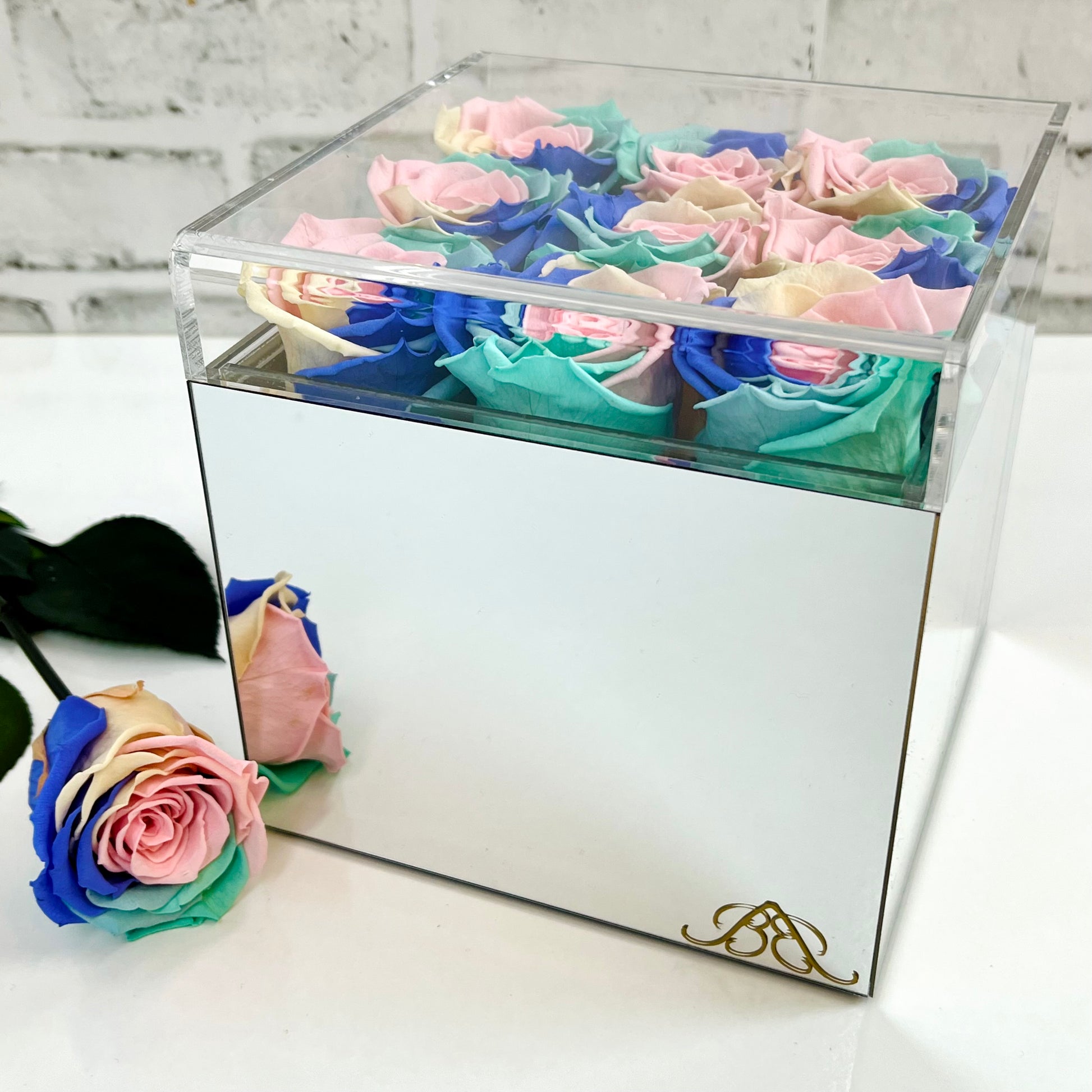Infinity Rose Mirrored Box - One Year Roses - Personalised Rose Box - Pastel Rainbow Infinity Roses - Rose Colours divider-Pastel Rainbow
