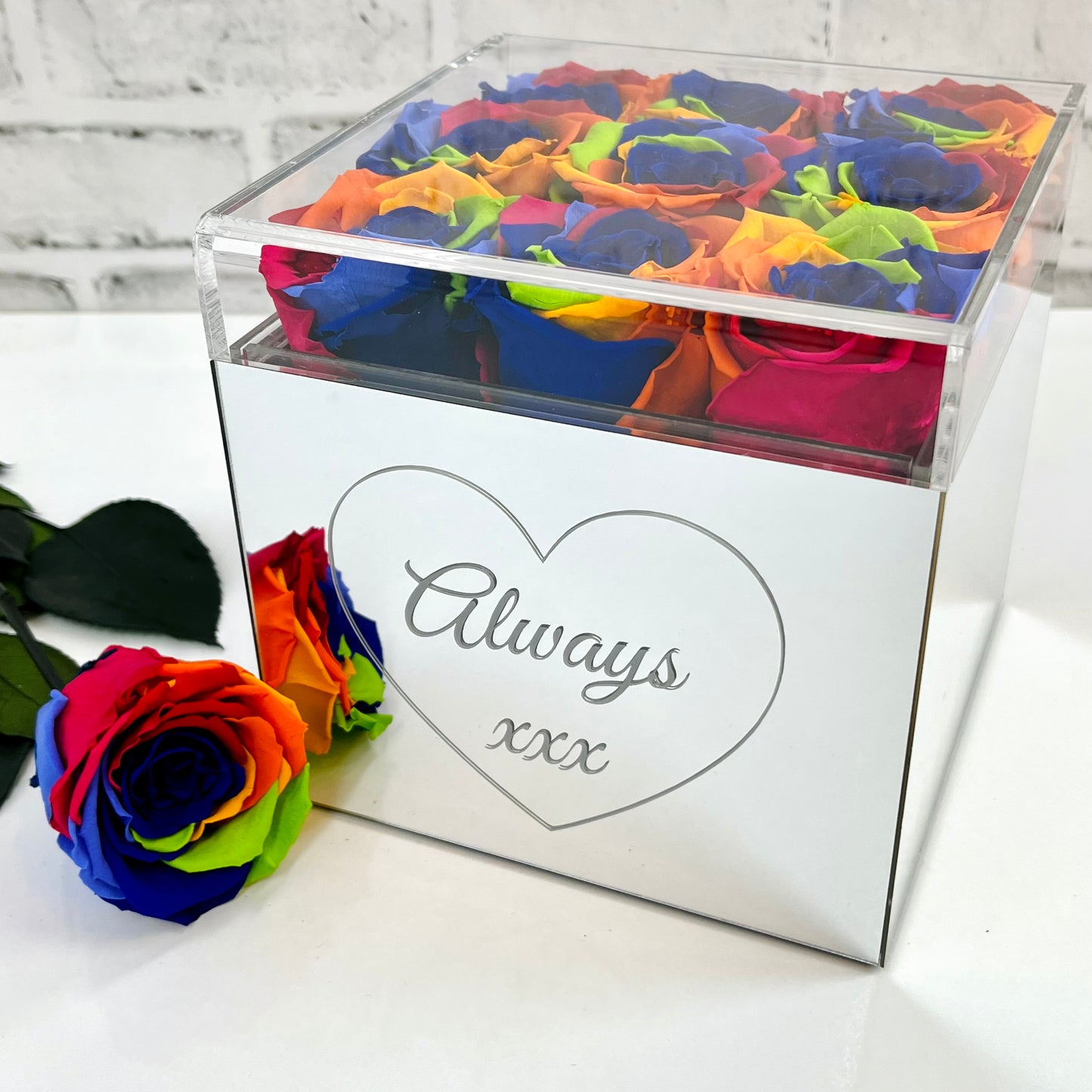 Infinity Rose Mirrored Box - One Year Roses - Personalised Rose Box - Rainbow Infinity Roses - Rose Colours divider-Carnival Rainbow