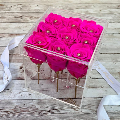 Personalised Rose Gift Box -Pink Forever Roses - Eternal Roses - Gold stems 