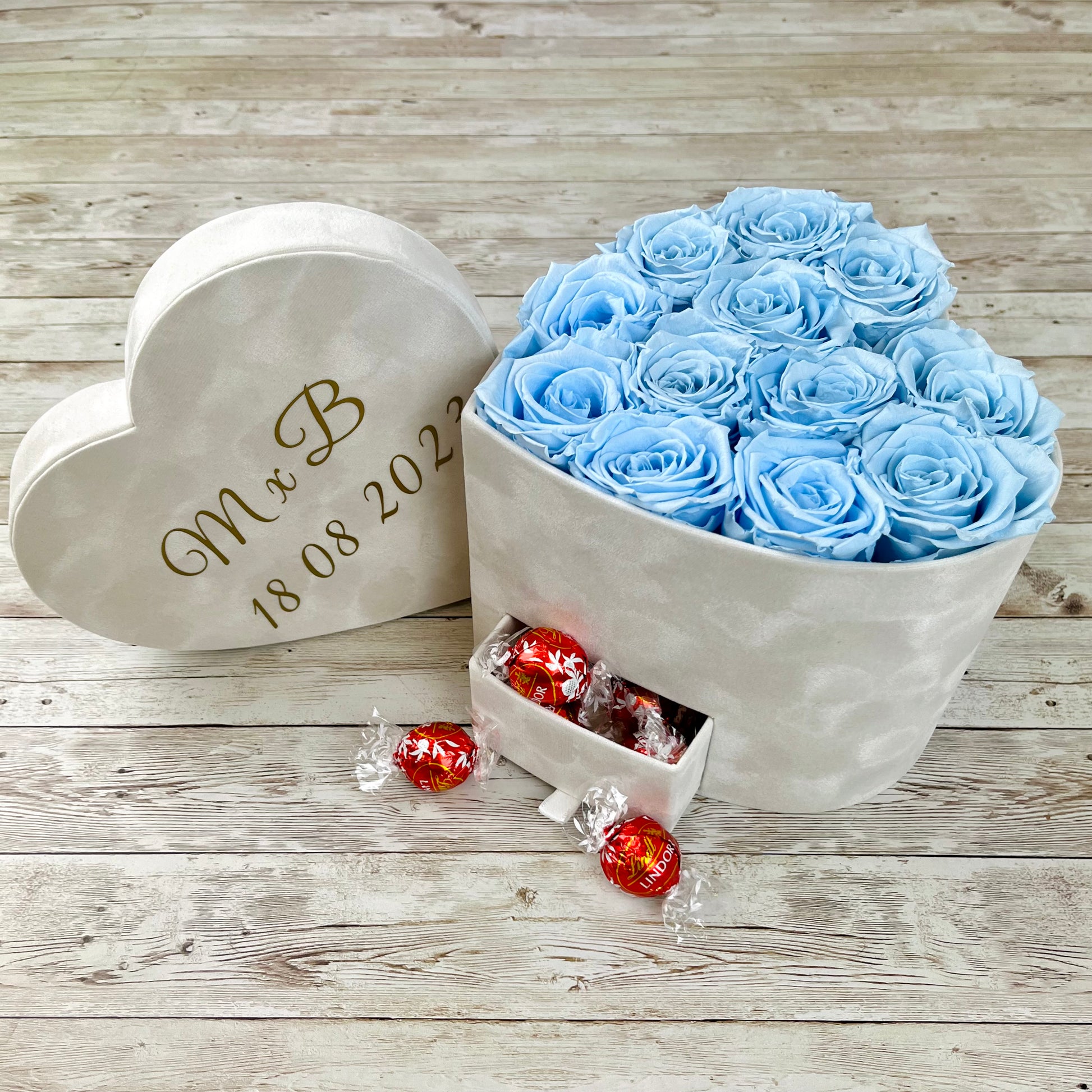 Ivory Velvet Heart Infinity Rose Box with Chocolates - Baby Blue One Year Roses - Rose Colours divider-Baby Blue