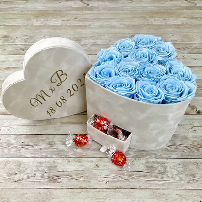 Ivory Velvet Heart Infinity Rose Box with Chocolates - Baby Blue Forever Roses - Rose Colours divider-Baby Blue