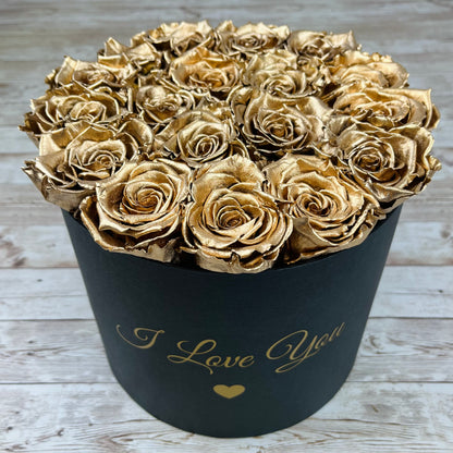 Black Round Rose Box - Gold Infinity Roses - One Year Roses - Rose Colours divider-Glamorous Gold